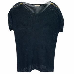 Jacqueline Riu Women's L Black Open Knit Rolled Short Sleeve Top Zipper Shoulder